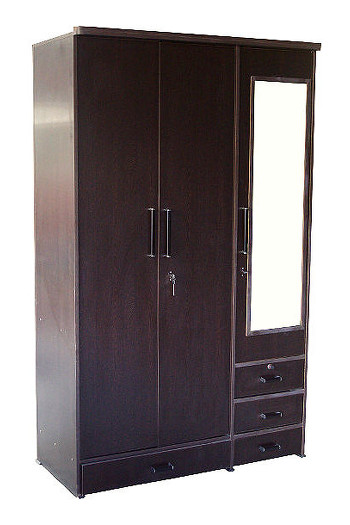 3-Door wardrobe with a looking mirror and 3 set of drawers. Drawer at the bottom is quite handy for utilizing the space efficiently. Dark walnut color and smooth finishing are what makes these wardrobes very attractive and decrate your bedroom and match with any decor.